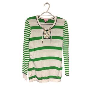 Lilly Pulitzer Green White Striped Lace Up Nautical Knit Top Gold Grommets Large